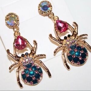 Betsey Johnson Gold and Pink Crystal Spider Earrings